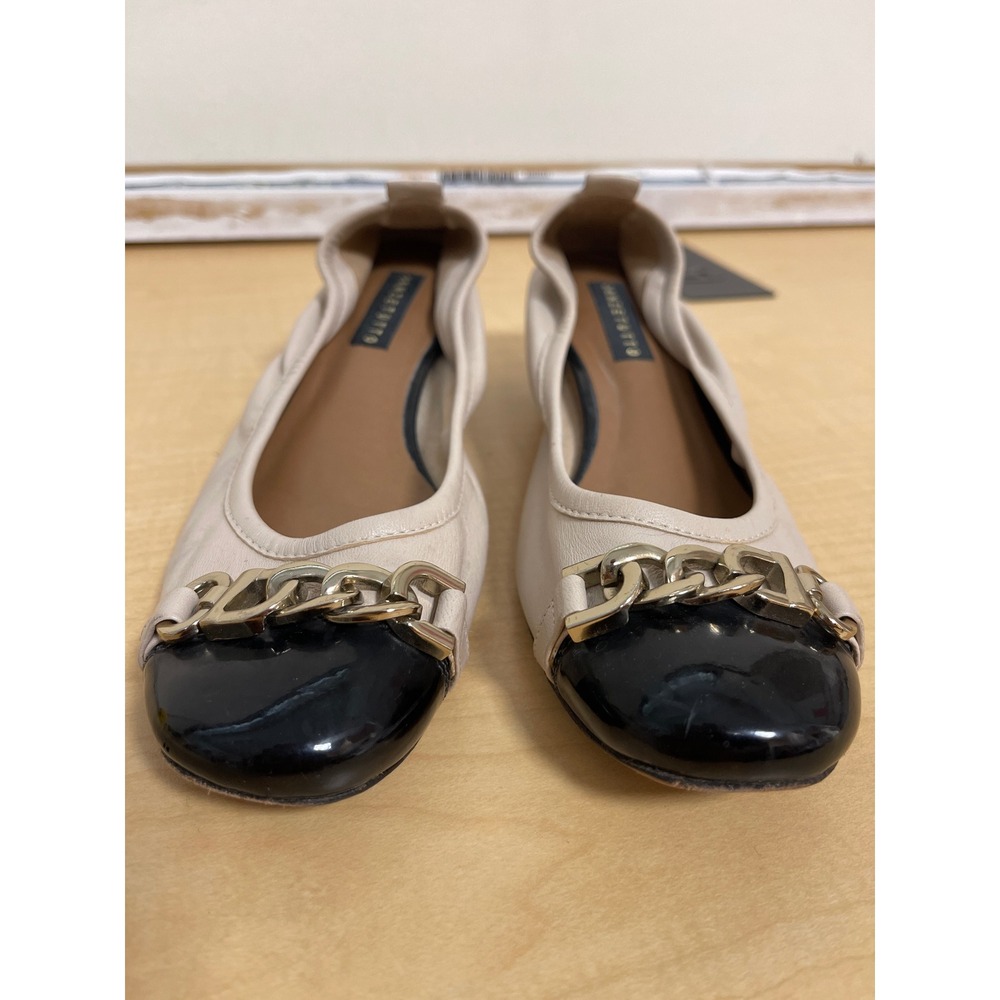 Anzetutto Cream Leather Black Cap Toe Chain Block Heel Pumps Size 6